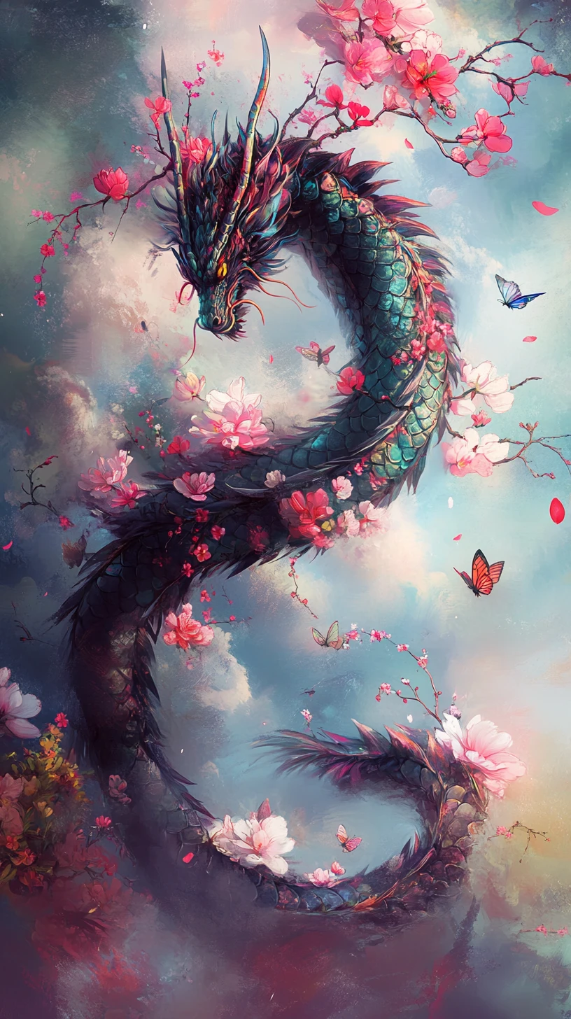 Floral dragon spiraling through a surreal luminous sky