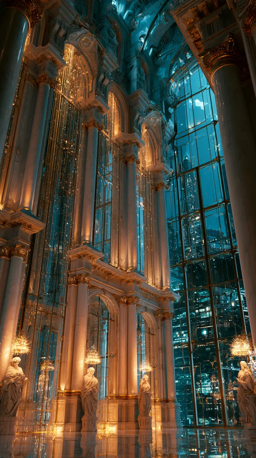 Cyber renaissance hall with marble columns and neon city view