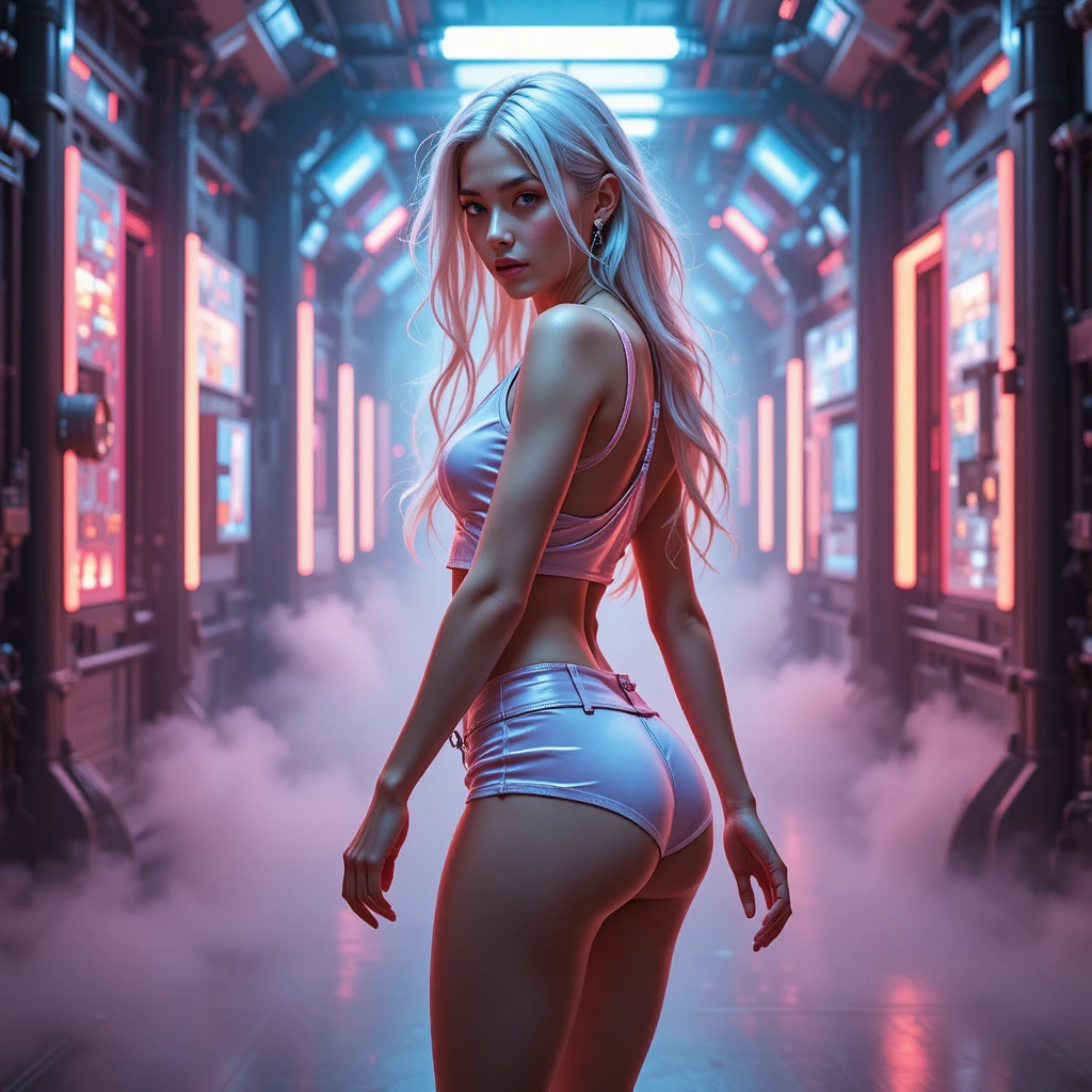 Confident woman striding through neon futuristic city
