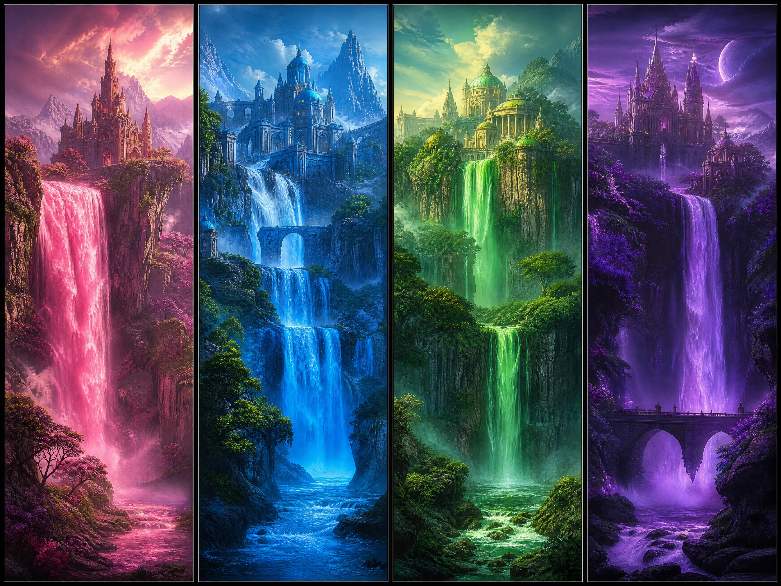 Epic fantasy landscapes with glowing jewel colored waterfalls