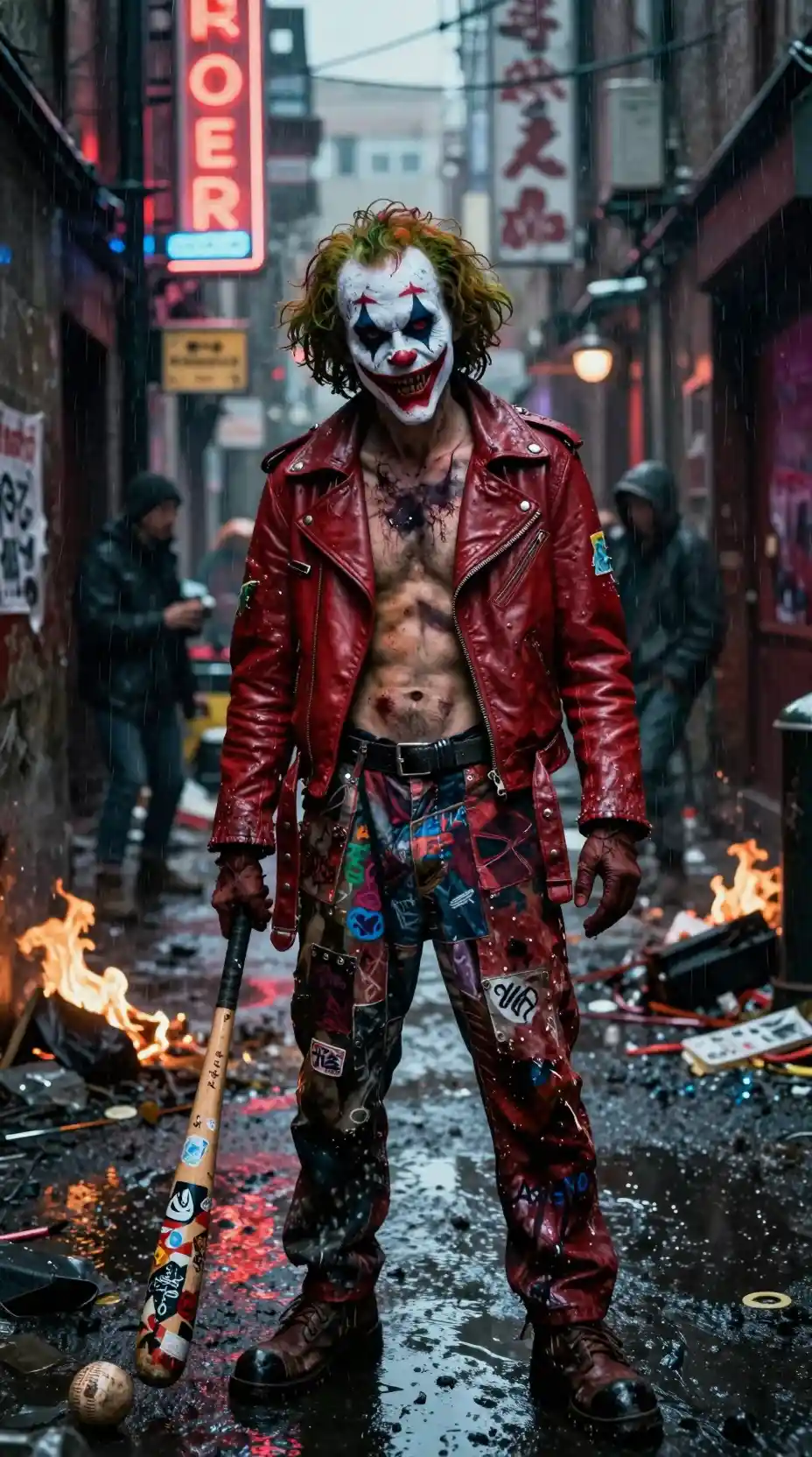 Anarchist clown with bat in neon dystopian alley