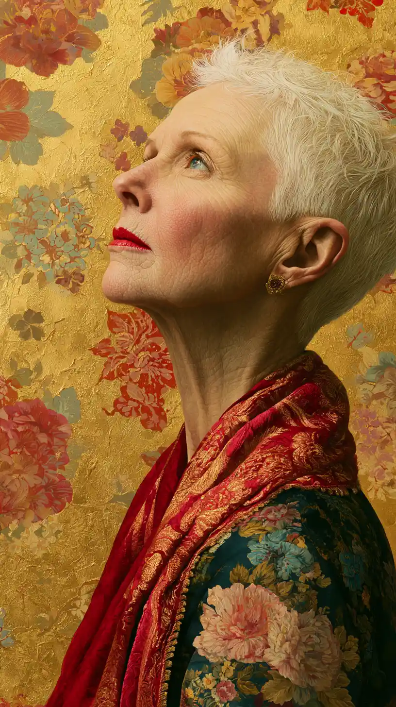 Woman with white hair against gold floral background