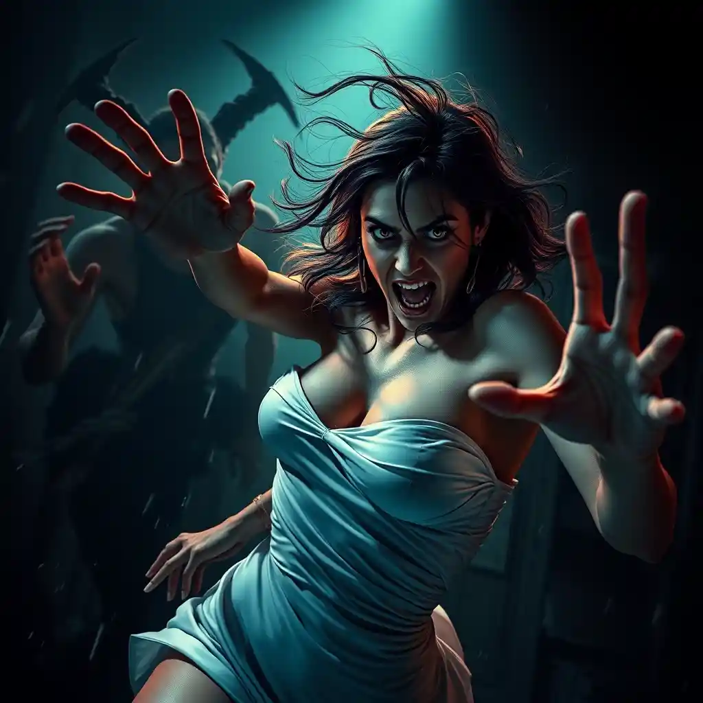 Surreal woman fleeing a looming shadow demon in darkness