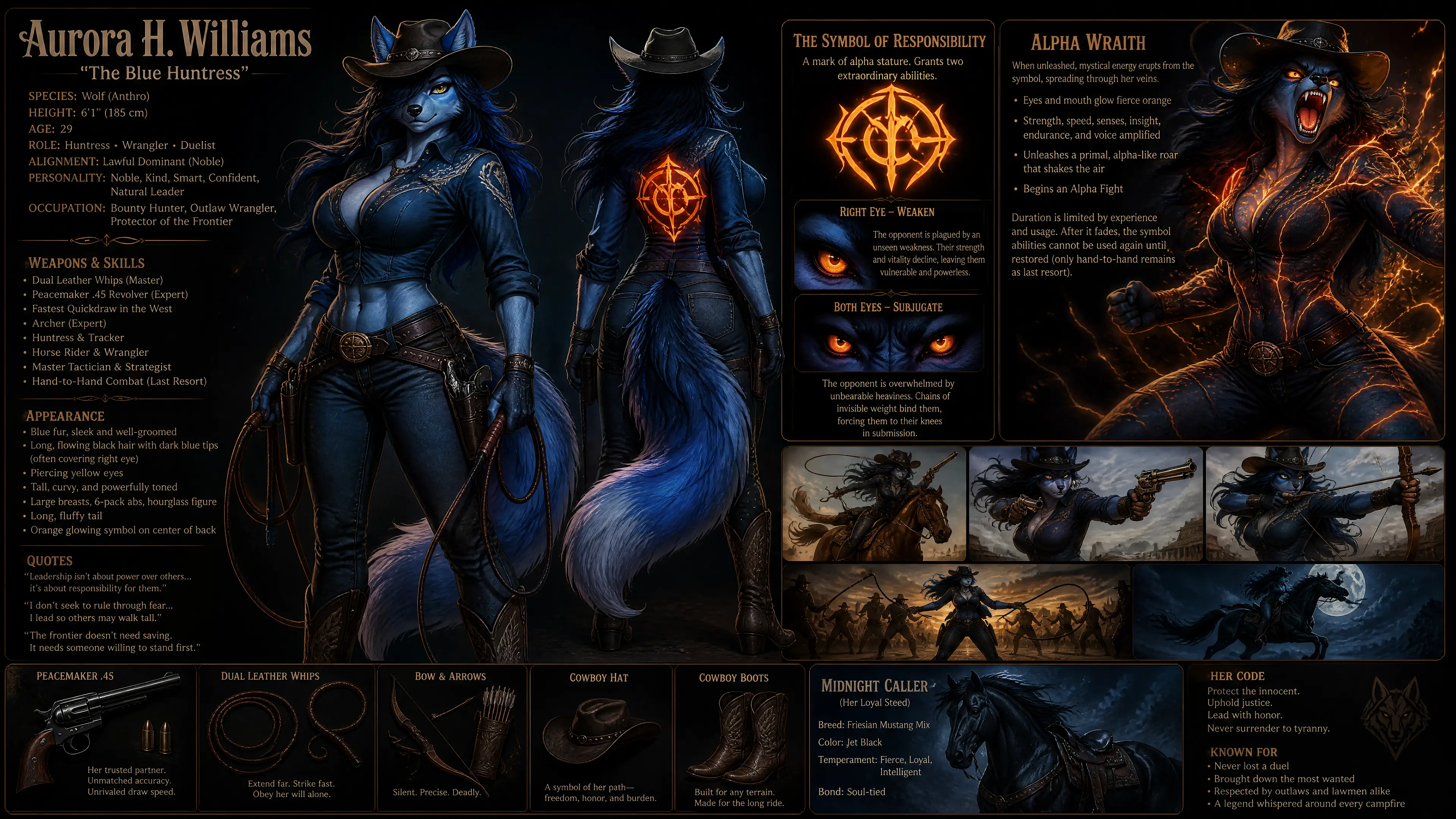Anthro blue wolf cowgirl with glowing alpha power