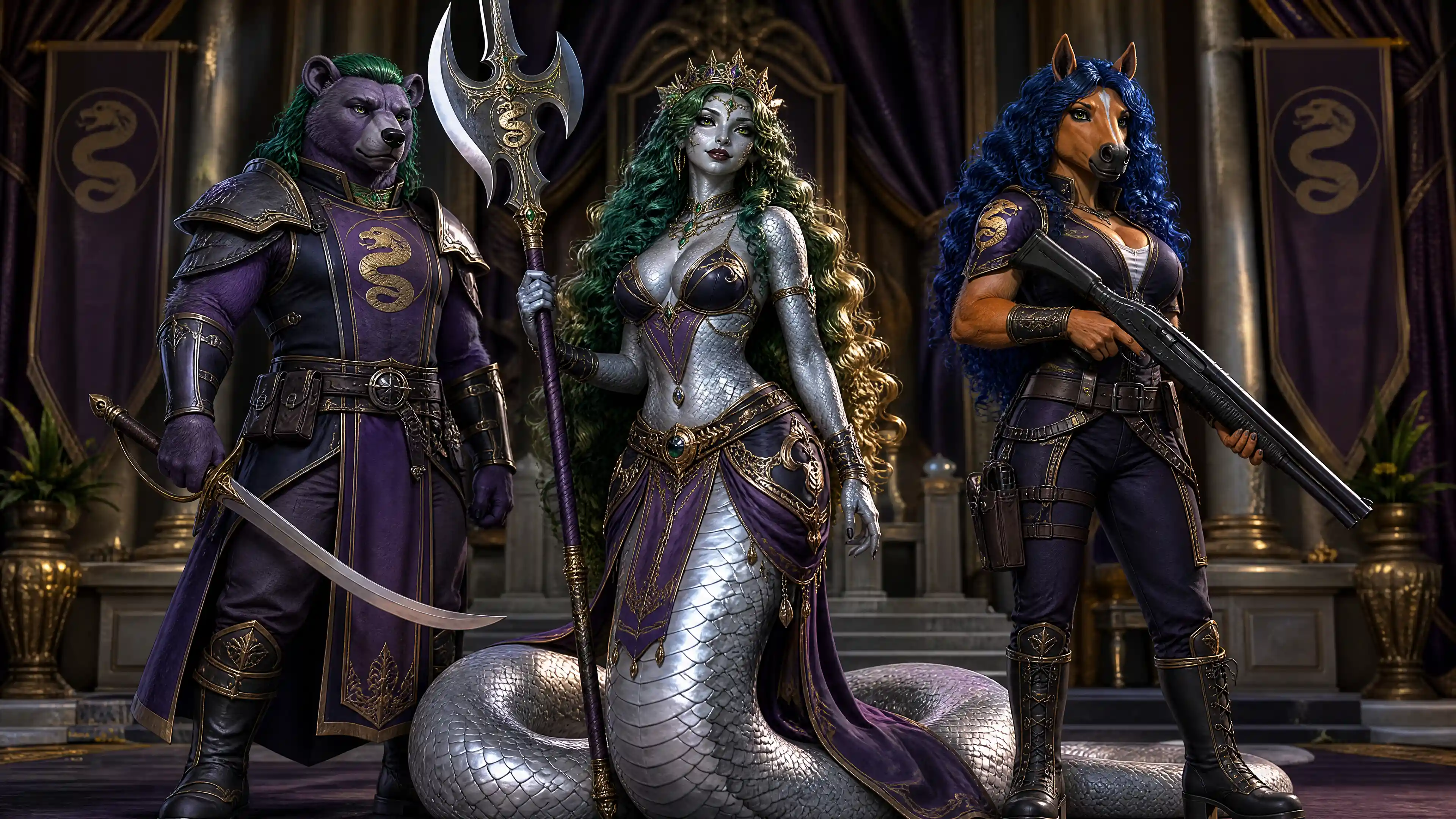 Regal silver lamia queen with ornate royal garments
