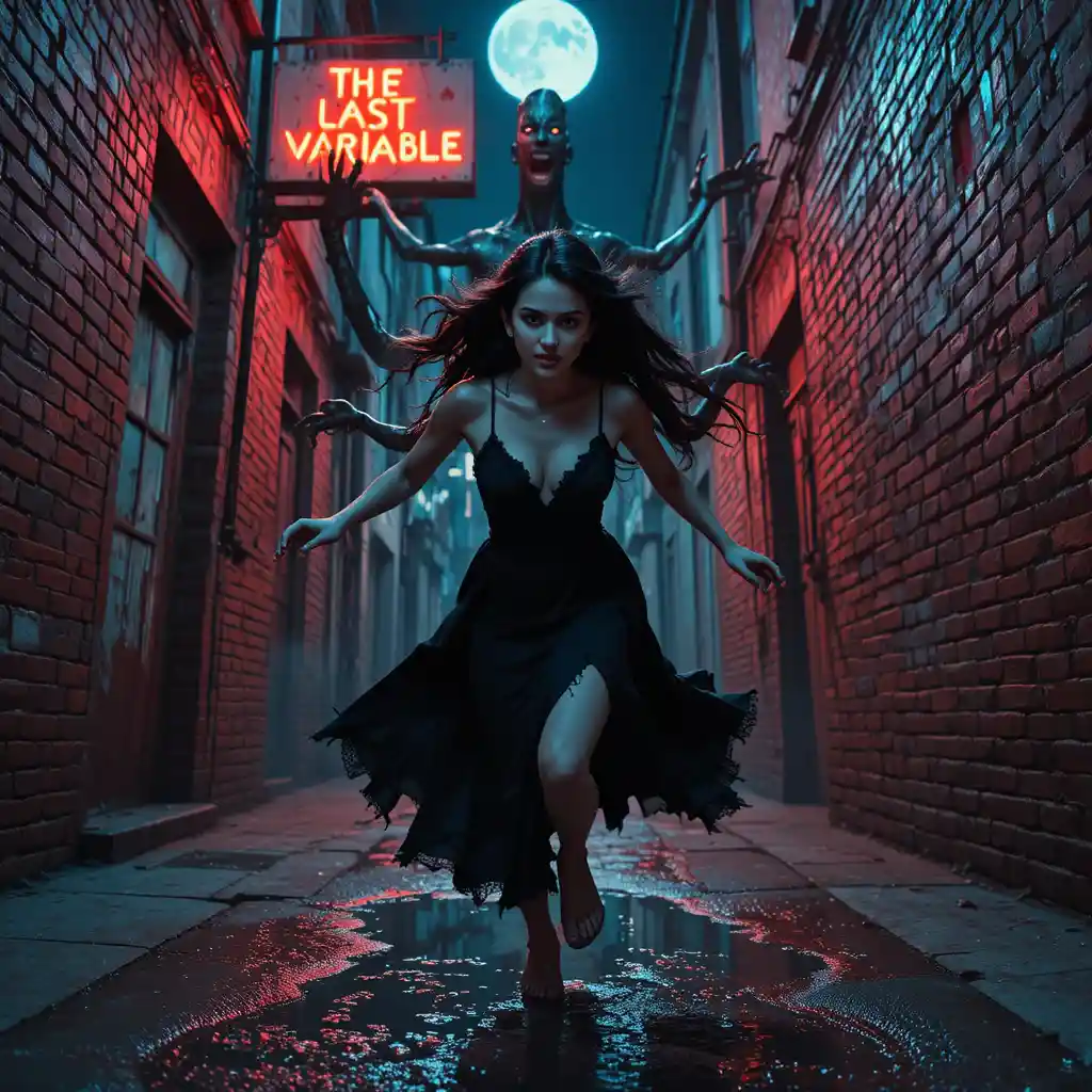 Young woman sprinting through a surreal neon alley
