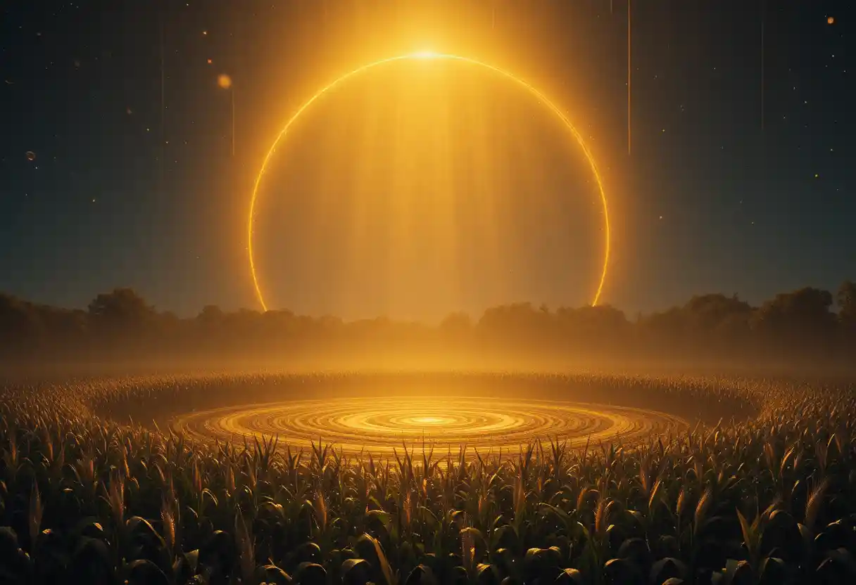 Mystical corn circle at dawn in soft golden light