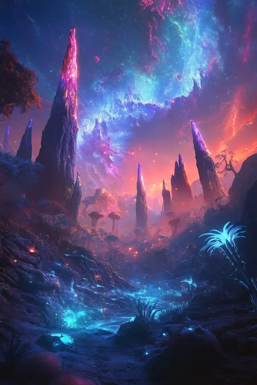 Alien-Landschaft mit leuchtendem kosmischem Himmel und biolumineszenter Flora