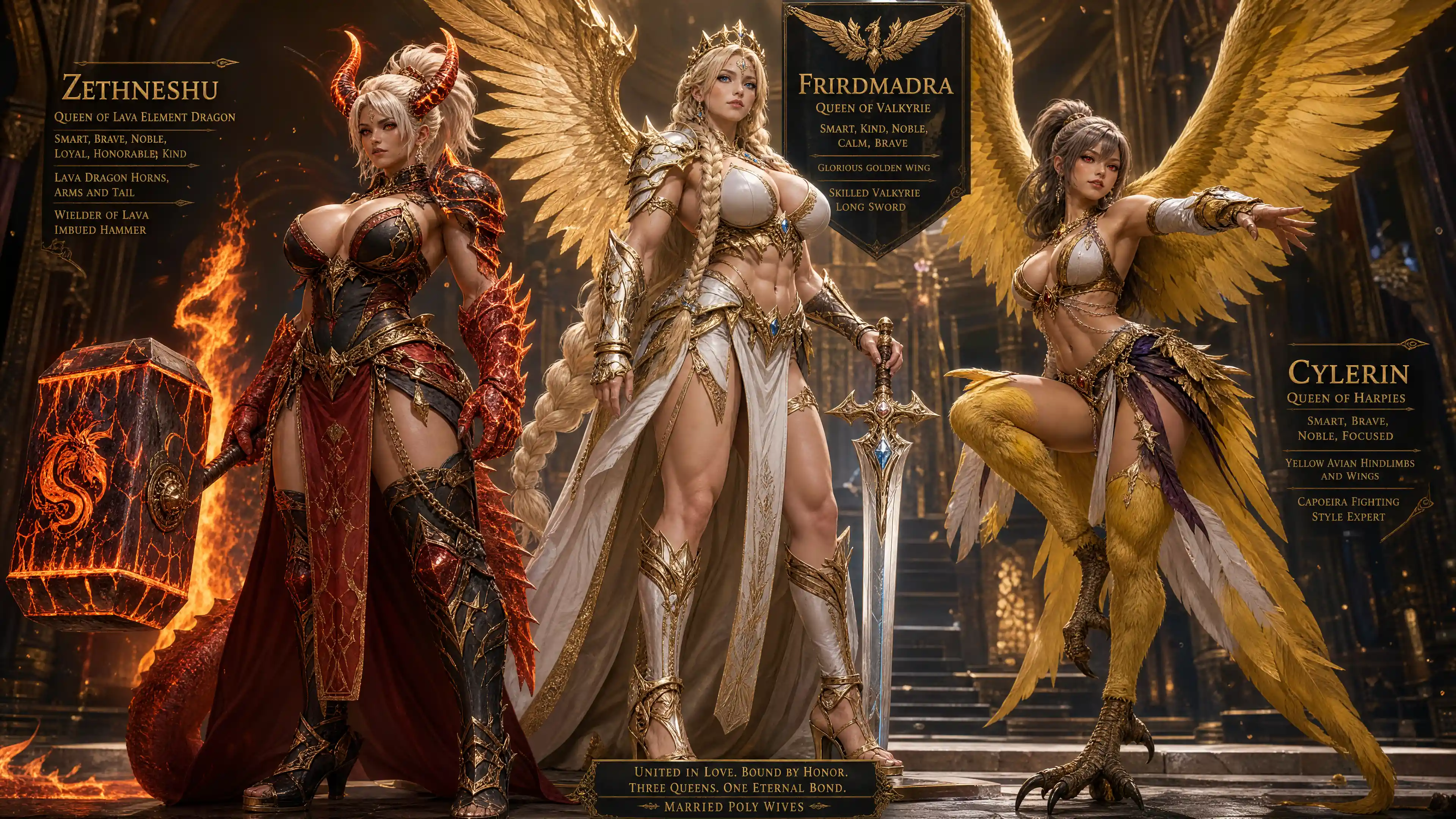 Tall valkyrie queen with golden wings and royal armor