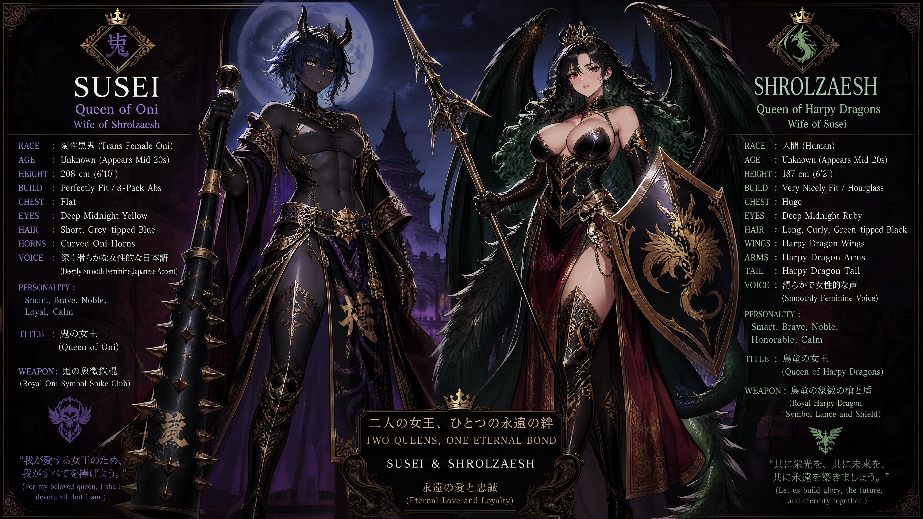 Regal oni queen with blue hair and royal garments
