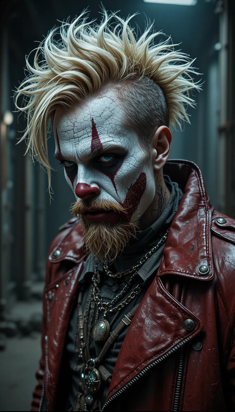 Menacing punk clown antihero in industrial close up portrait