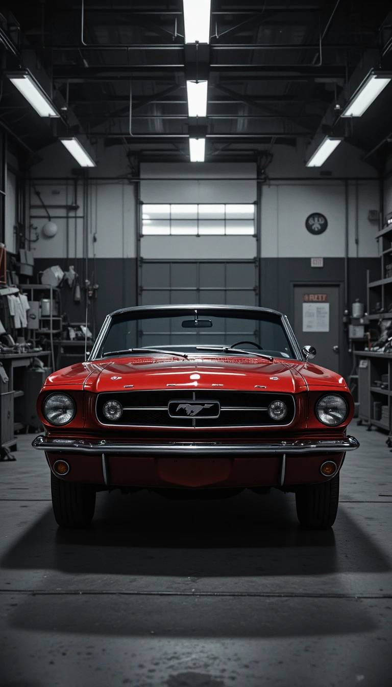 Mechanic working on red mustang in monochrome garage