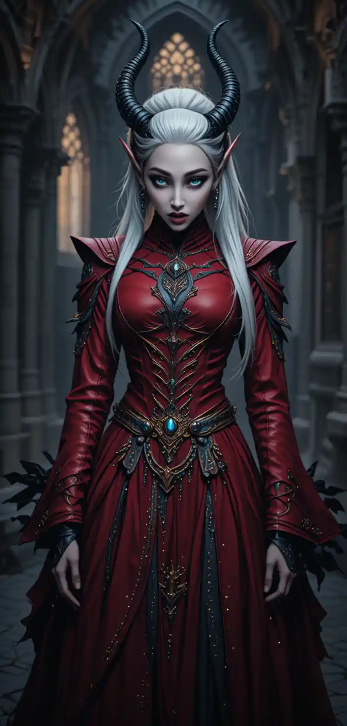 Tiefling woman in red within a dark gothic church