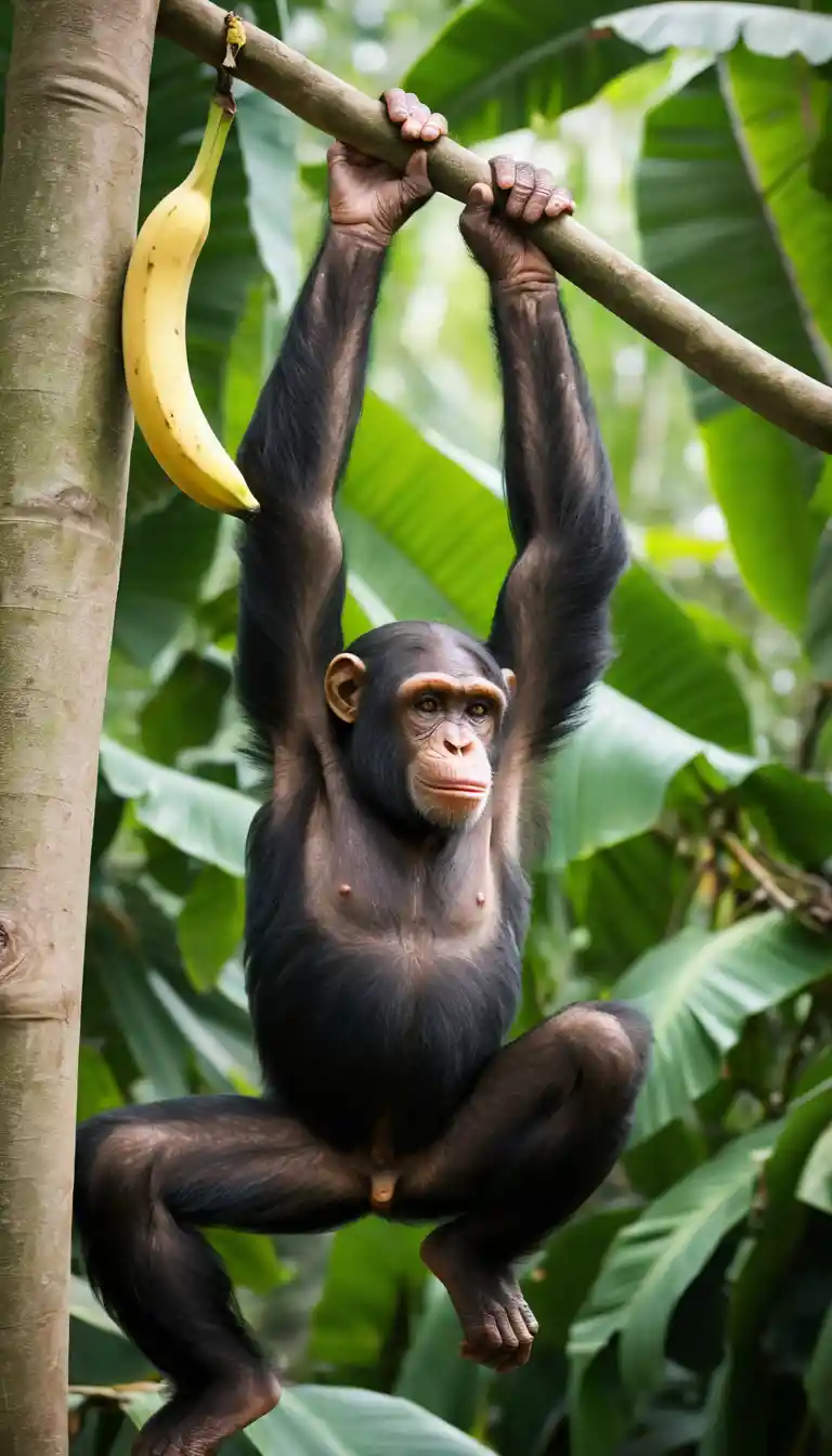 Chimpanzee Hanging From Tree Branch In Tropical Jungle