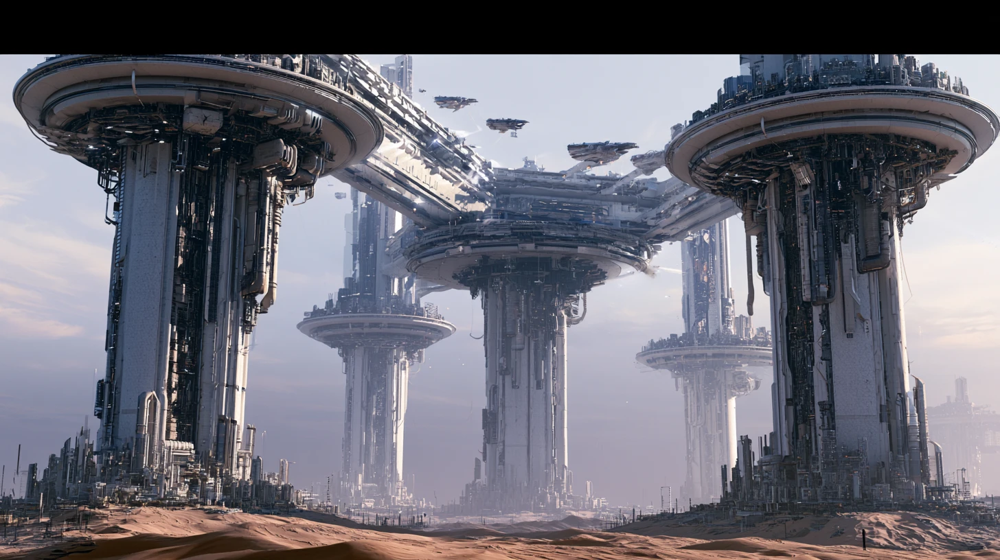 Colossal pillar cities rising above a toxic alien desert