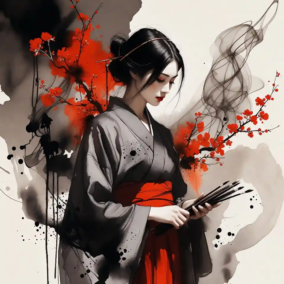 Graceful woman in kimono holding brushes in quiet reflection