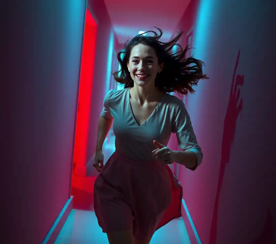 Woman running through a twisted nightmare labyrinth corridor