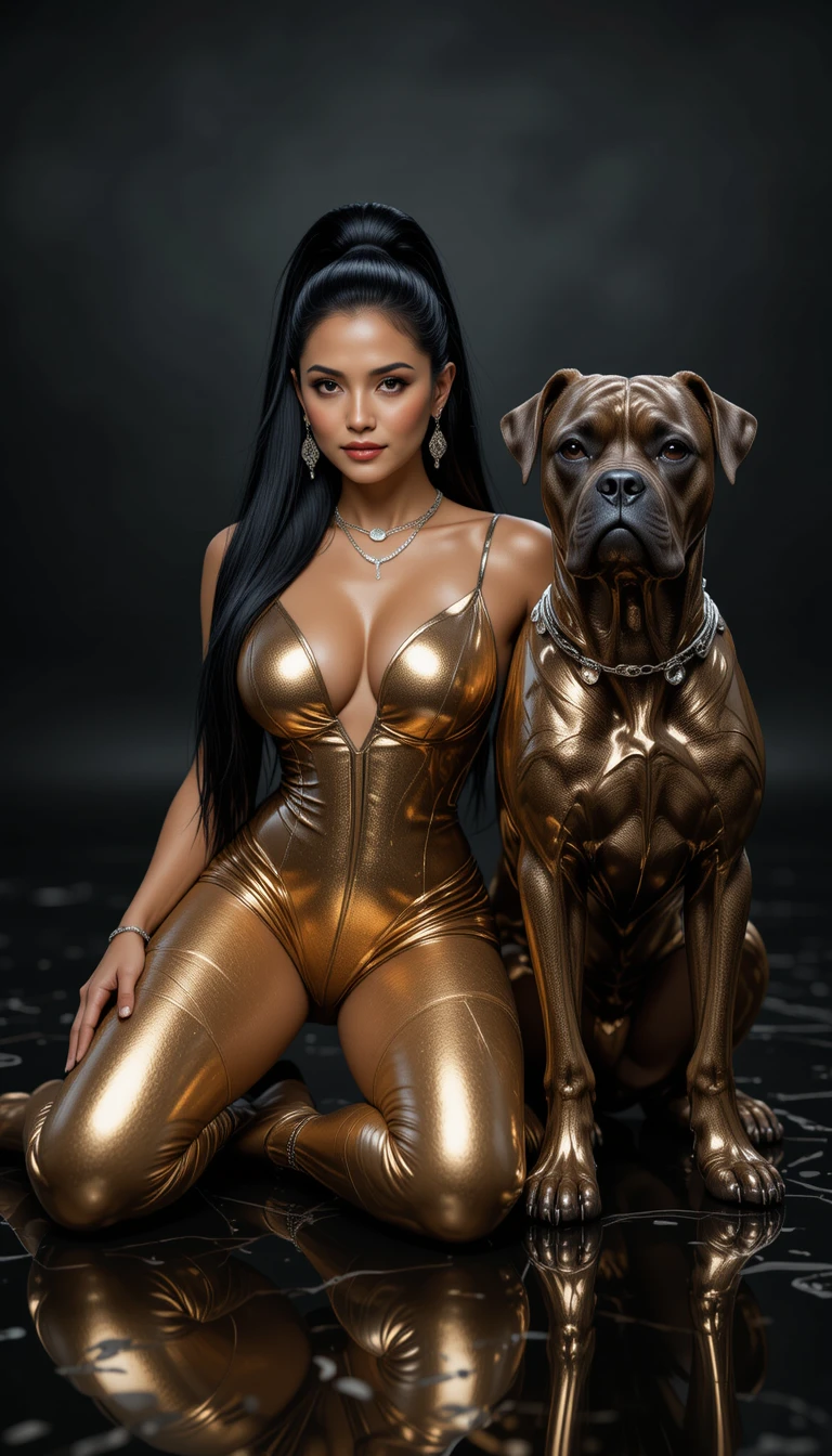 Glamorous woman in metallic gold bodysuit on black studio floor
