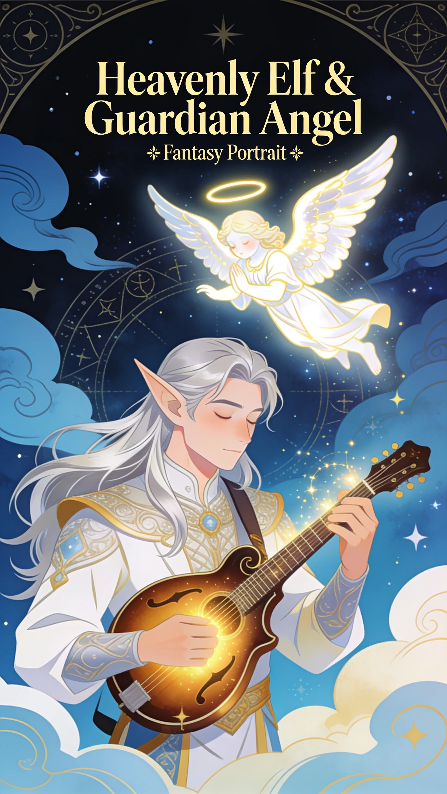 Fantasy elf musician playing mandolin with glowing magic