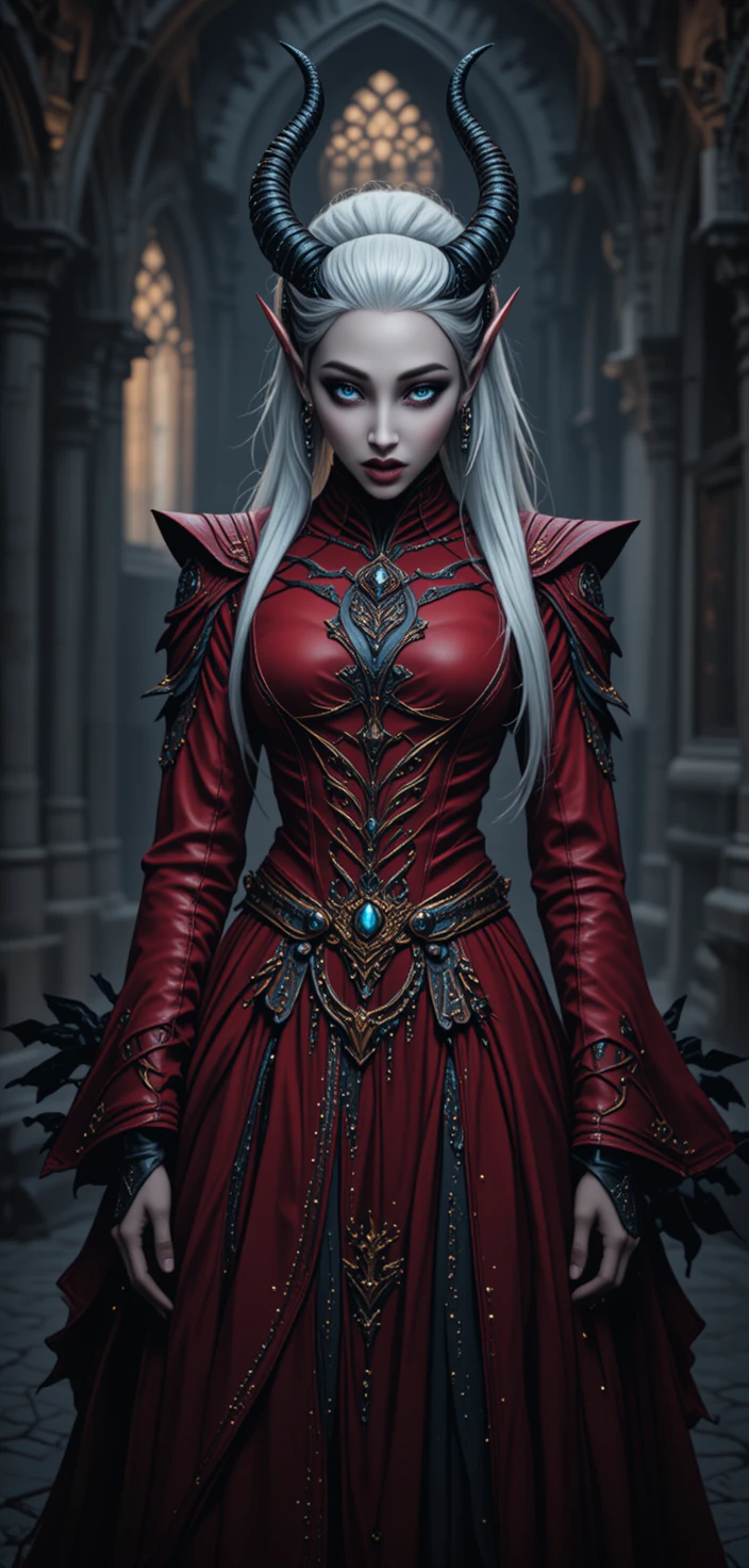 Tiefling woman in red within a dark gothic church