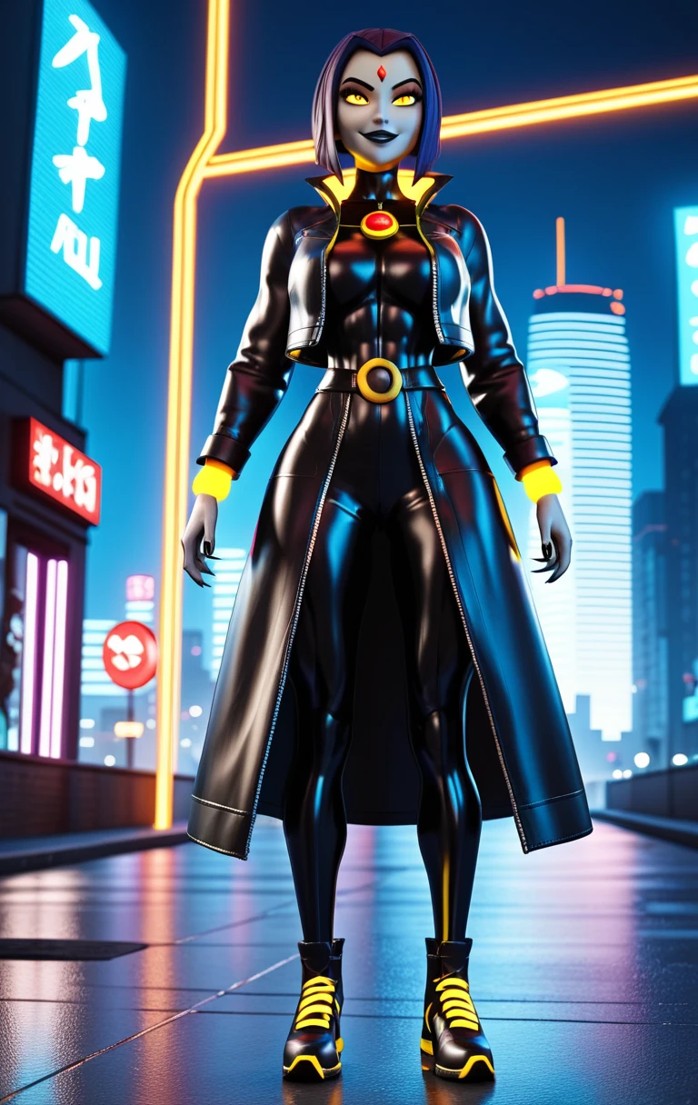 Giant futuristic woman with glowing yellow eyes in city