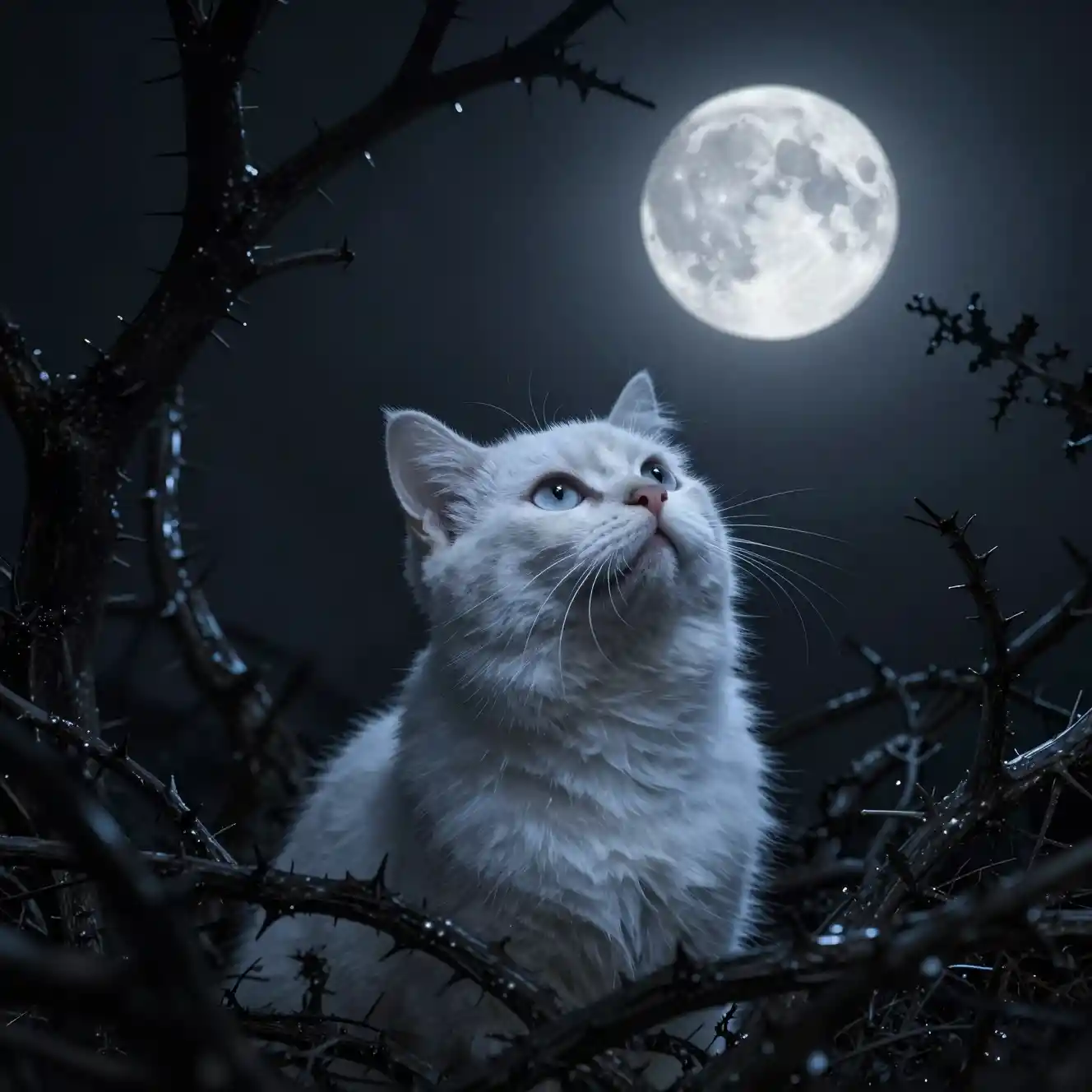 White cat under the full moon in thorny dark forest