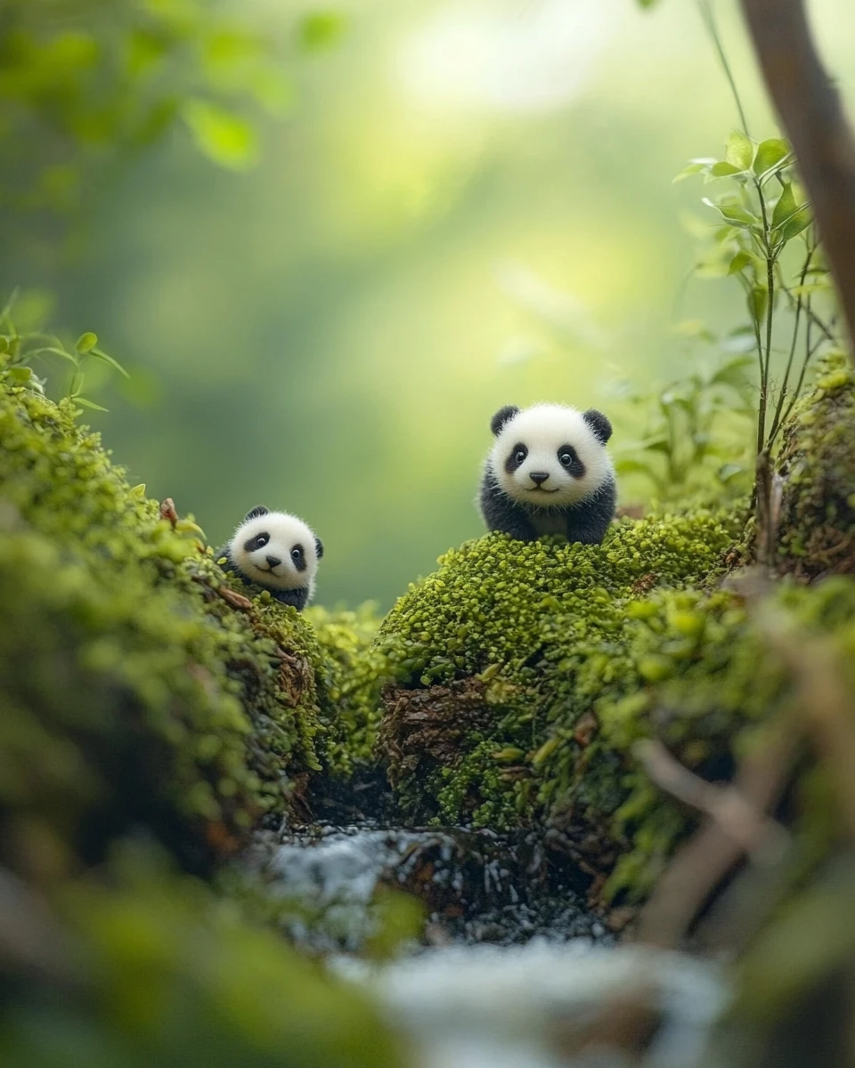 Tiny pandas facing each other across a gentle river