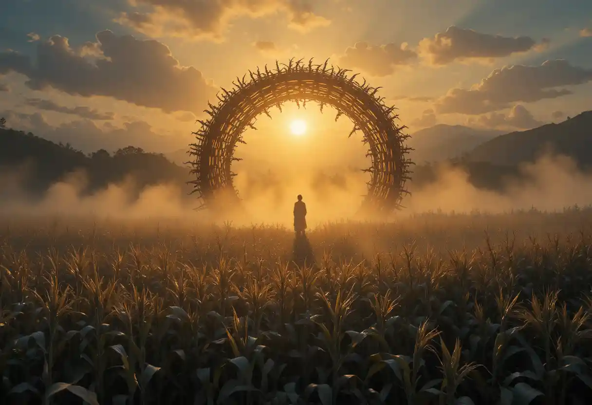 Mystical corn circle at dawn in glowing golden mist