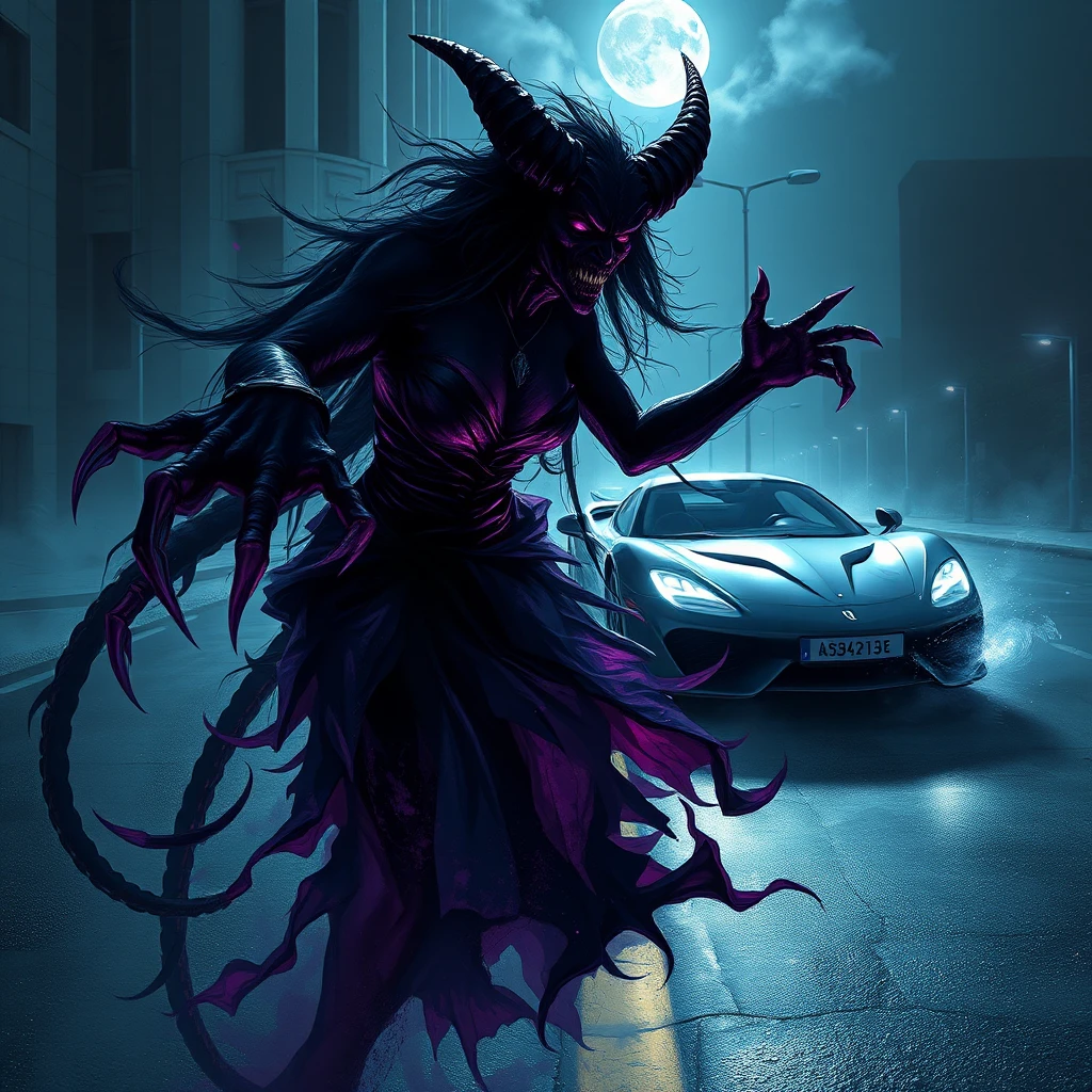 Shadow demon lunging on a moonlit urban street