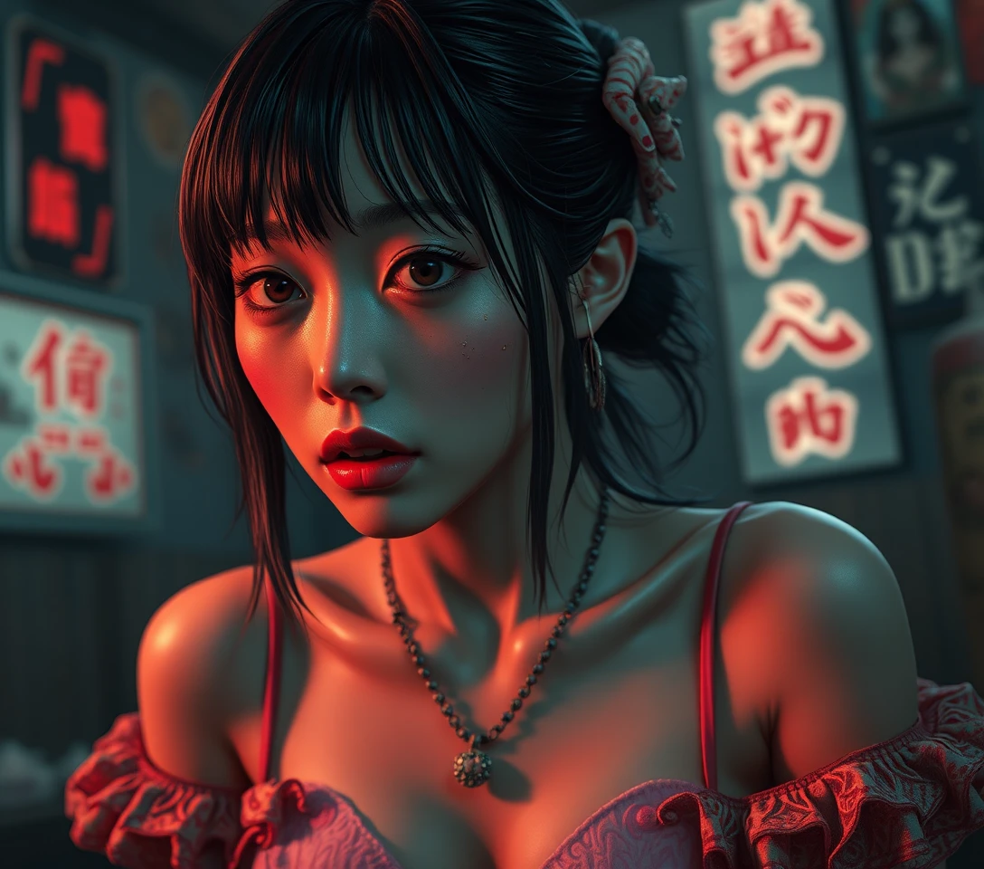 Surreal comic horror portrait of a woman in emotional turmoil