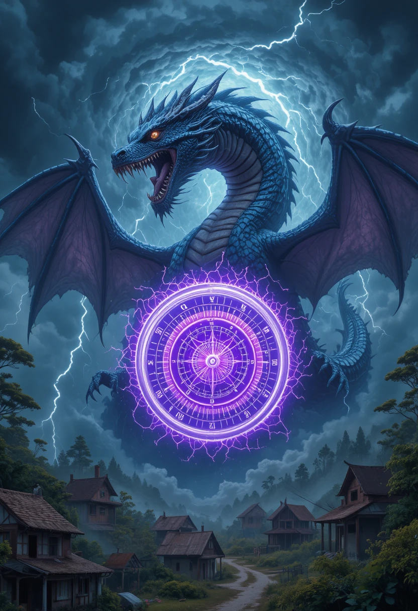 Storm dragon above glowing violet magic circle