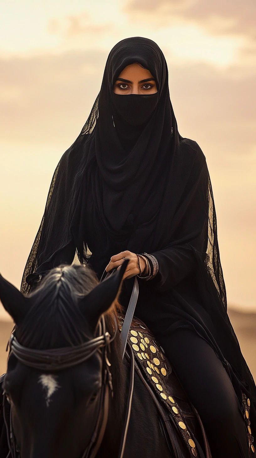Bedouin woman on horseback in wide desert portrait