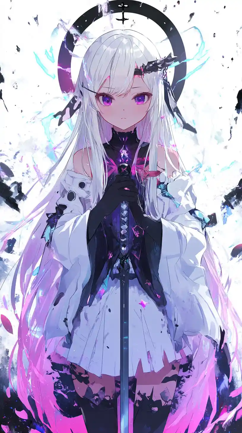 Serious anime girl with glowing wings and double halo