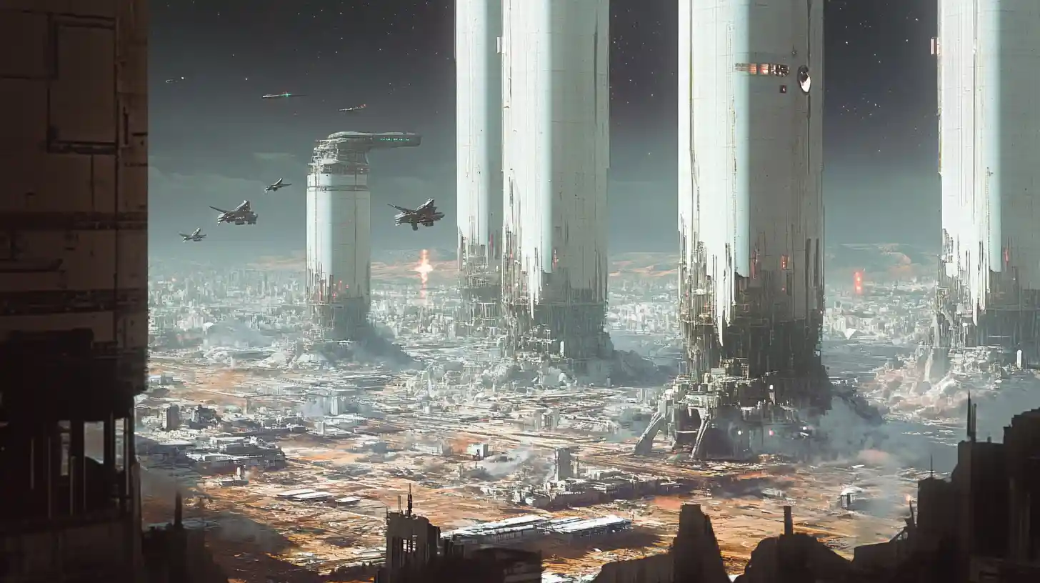 Futuristic cities on colossal pillars above a toxic desert