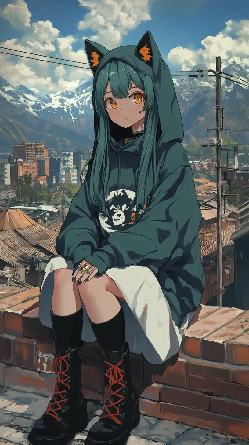 Anime girl in green hoodie sitting by a mountain camp