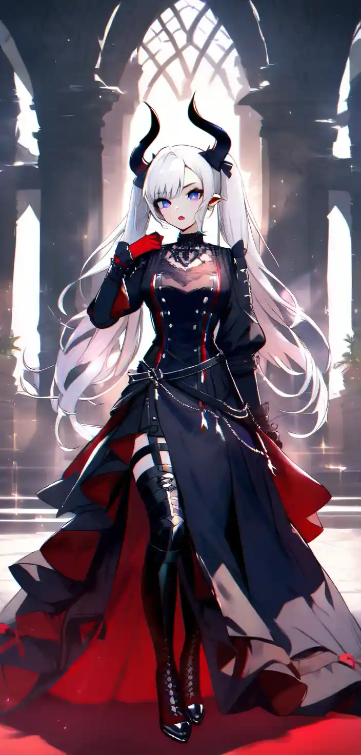 Tiefling woman in red within a dark gothic church