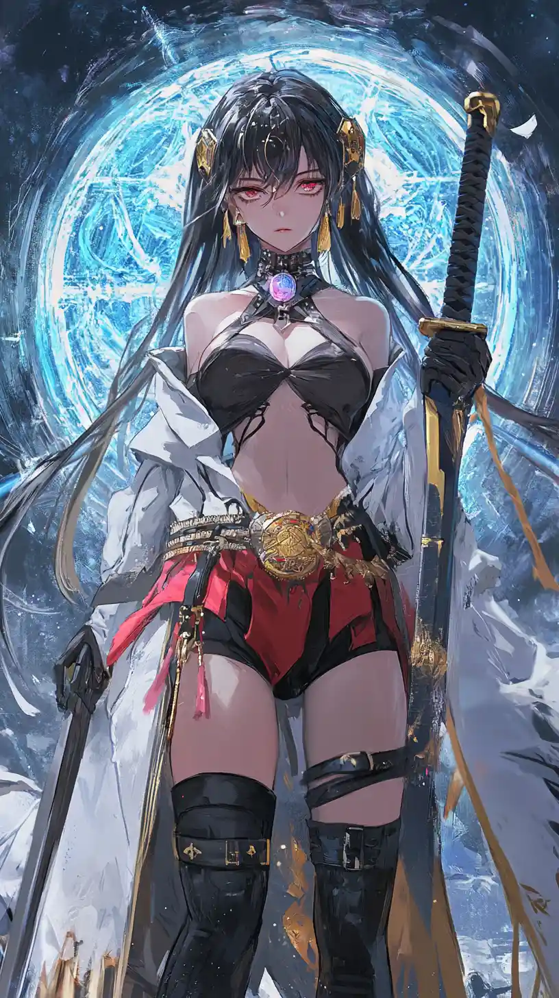 Anime girl in fighting stance holding twin elemental swords
