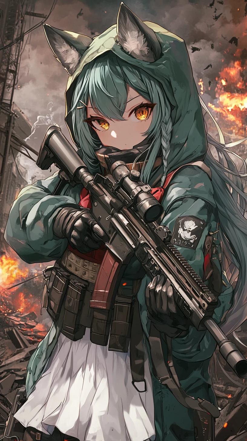 燃燒都市戰區裡拿著步槍的動漫少女