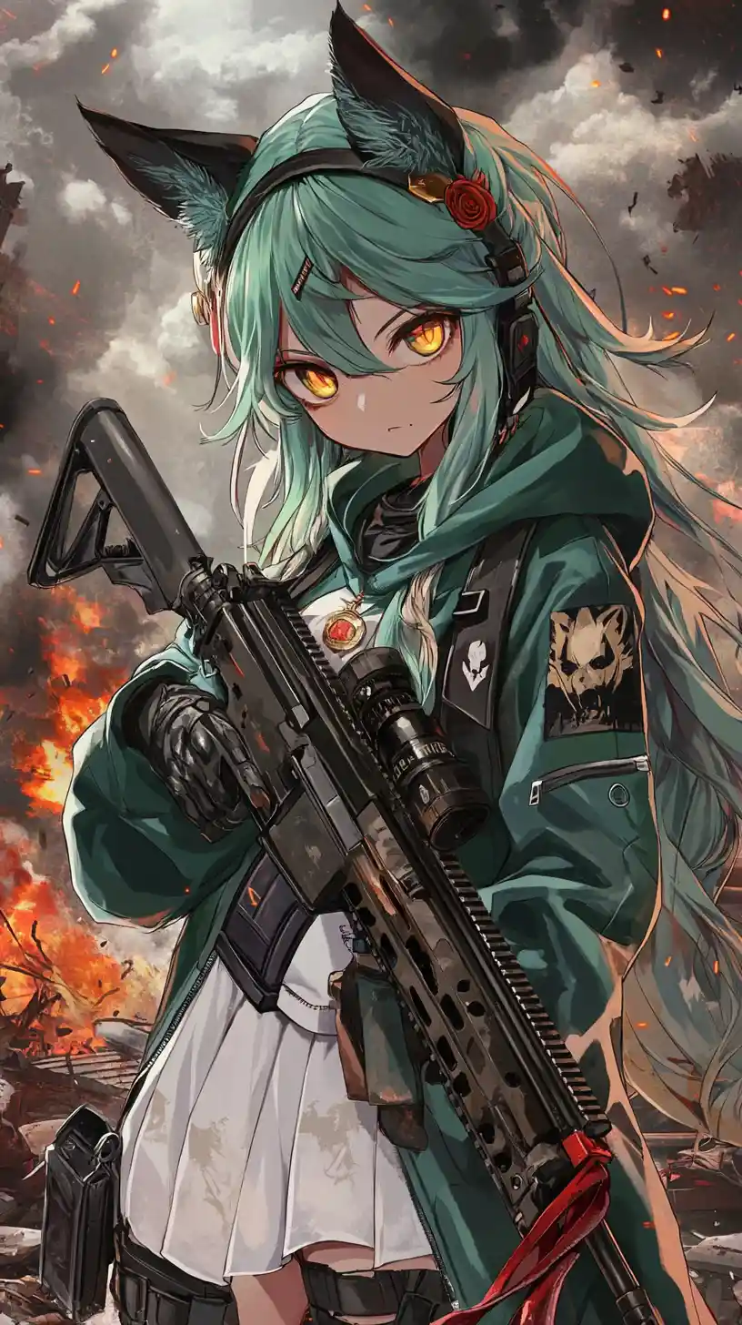 Anime girl with rifle in a ruined urban war zone