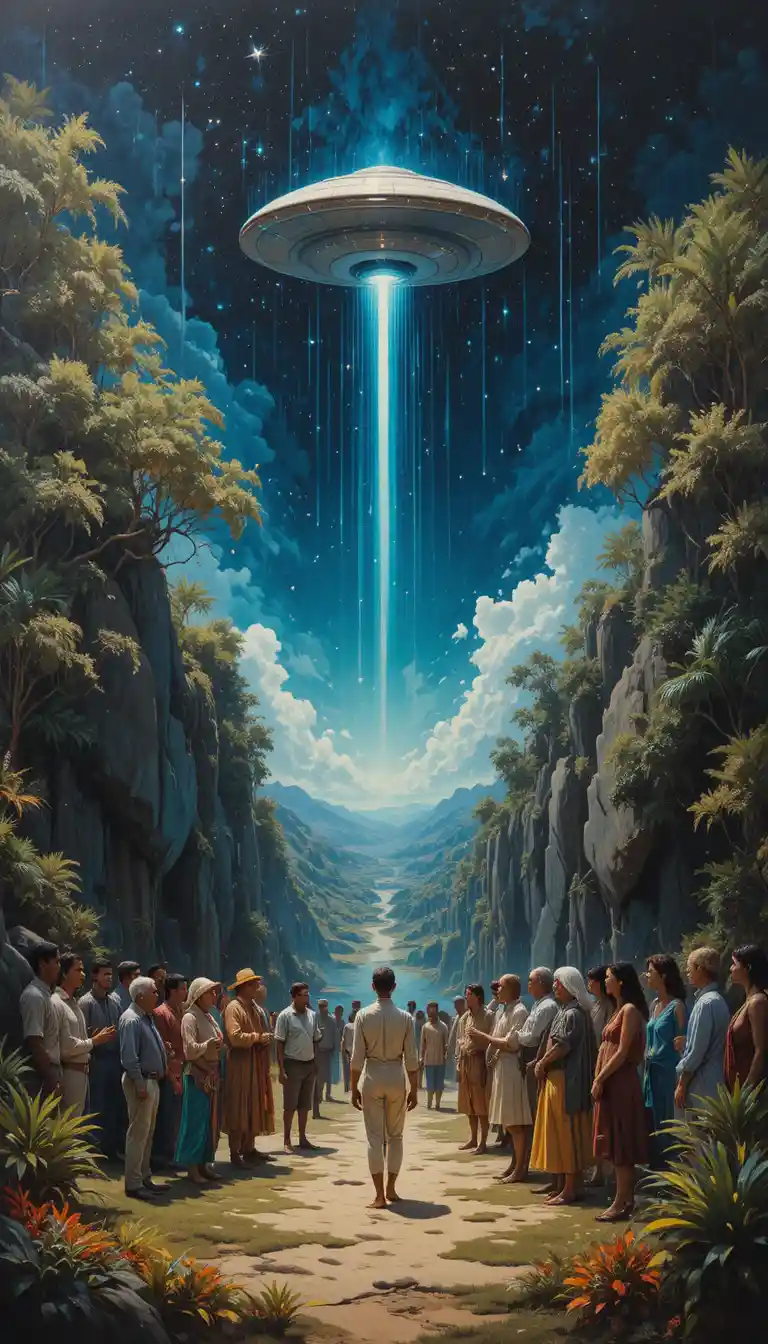Human crowd meeting benevolent extraterrestrials in forest clearing