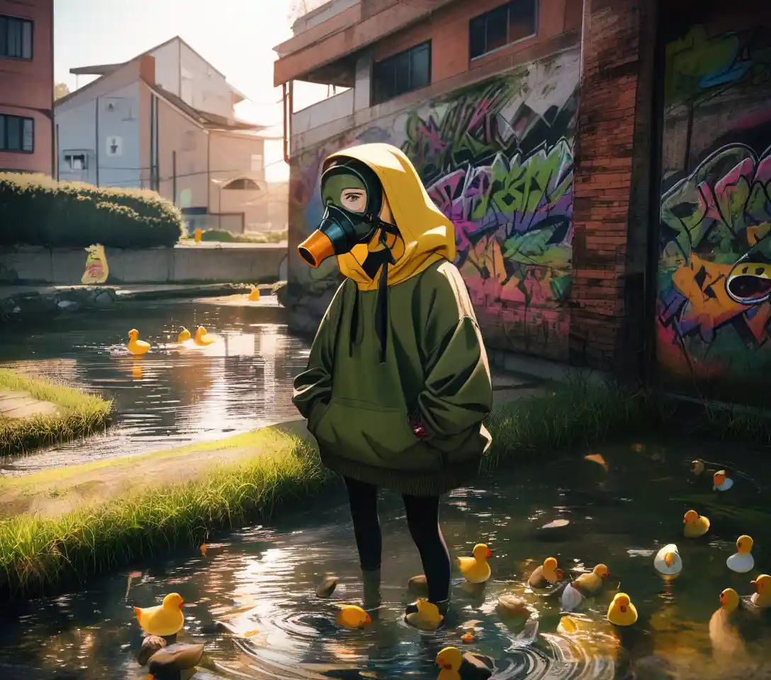Man in gas mask hoodie by urban pond with ducks