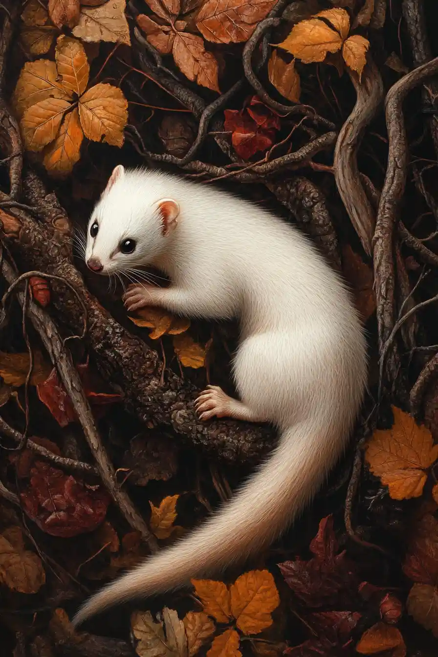 White ferret weaving swiftly through dense forest undergrowth