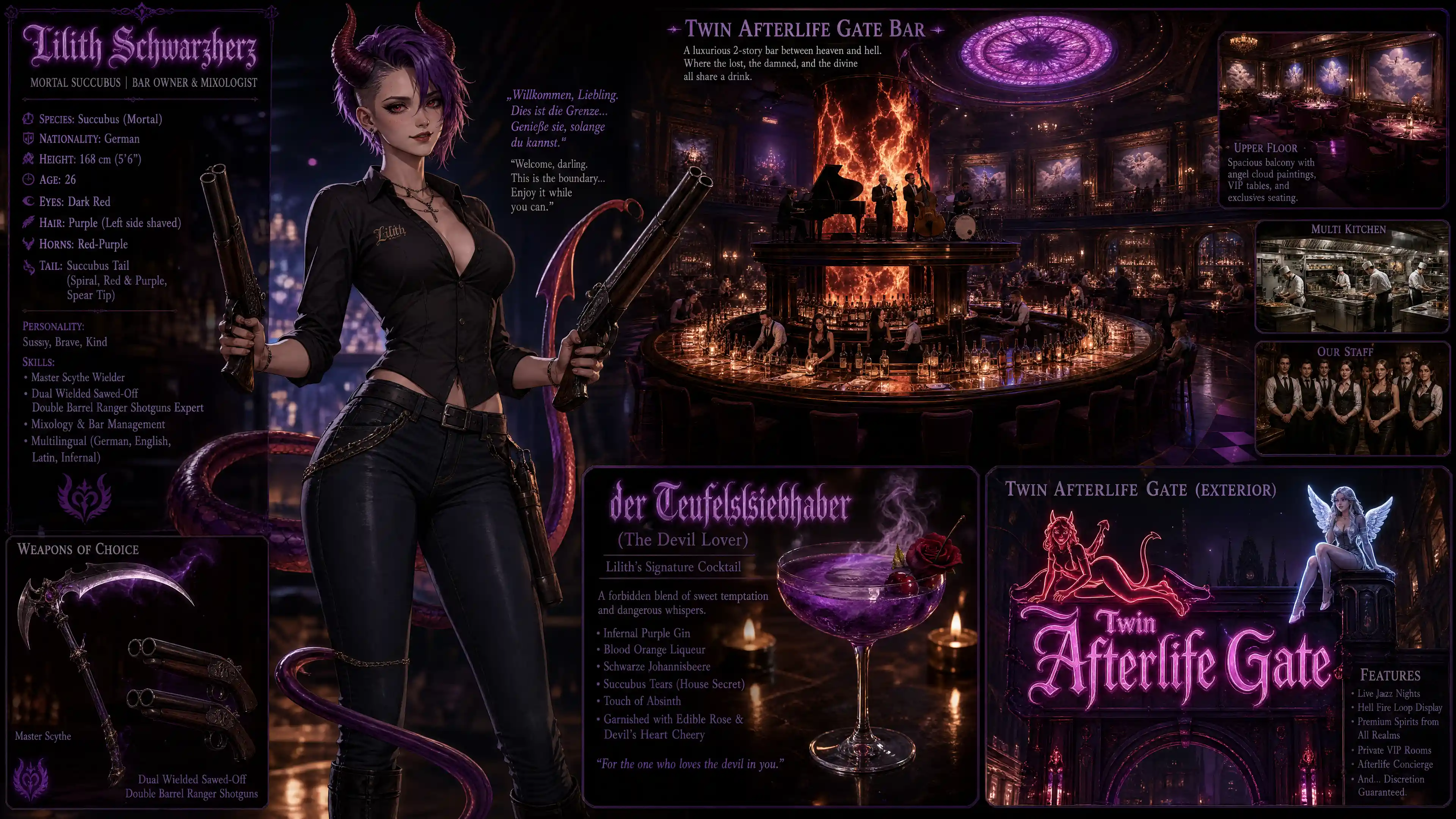 German succubus bartender with scythe in a luxurious bar