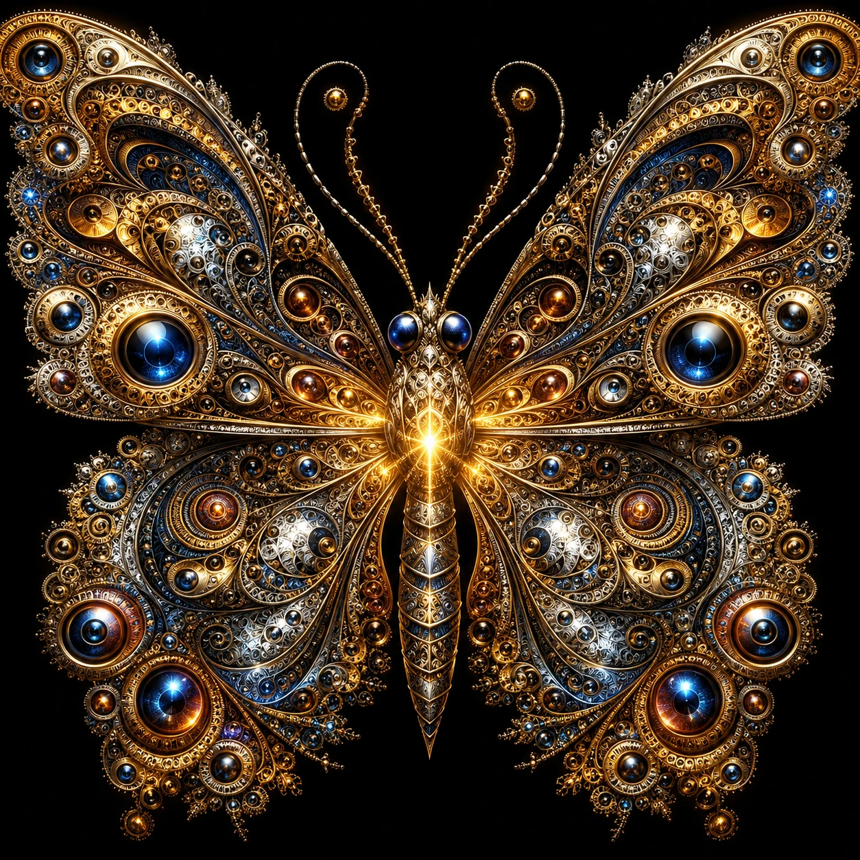Fractal metallic butterfly glowing on a dark background