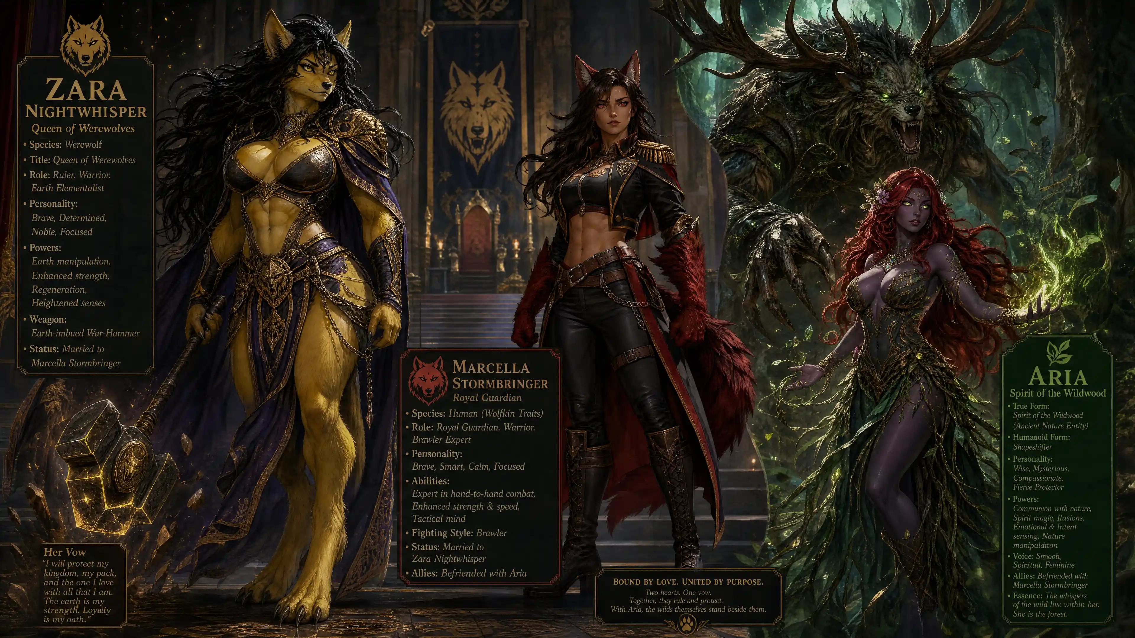 Regal werewolf queen wielding an earthbound war hammer