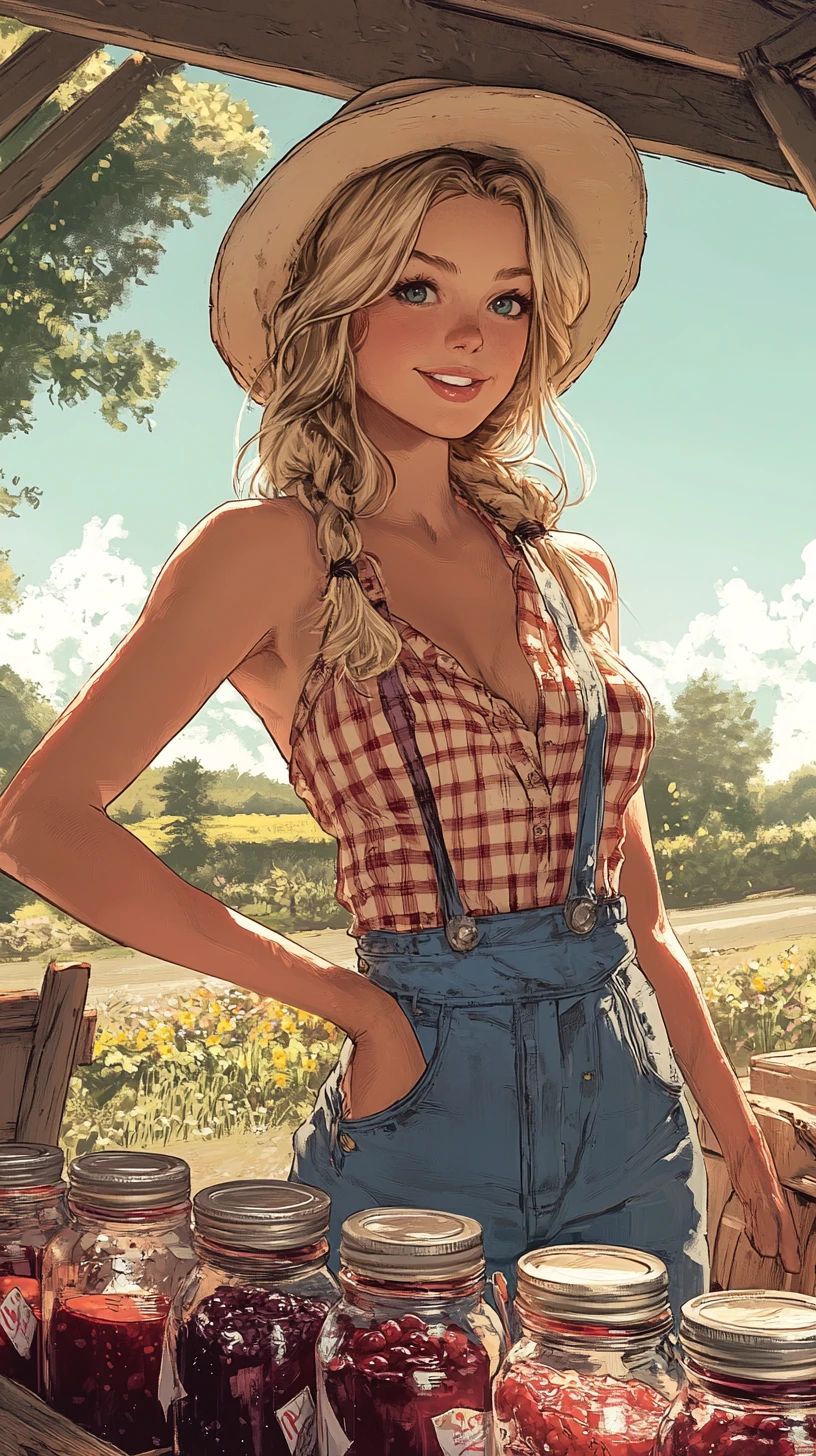 Blonde Farm Woman At Roadside Jam Stand In Vermont Countryside