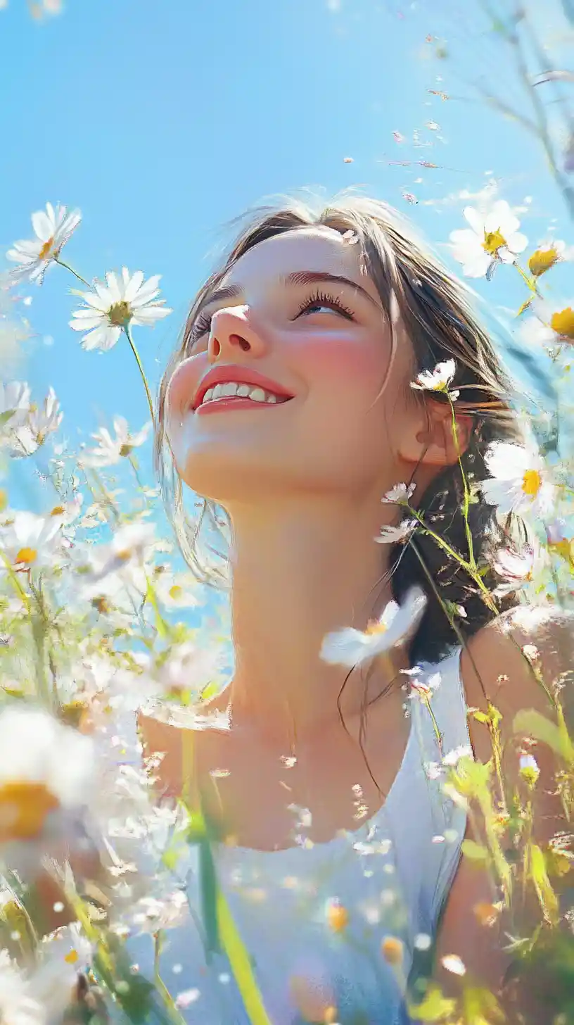 Smiling young woman in front of bright summer flowers