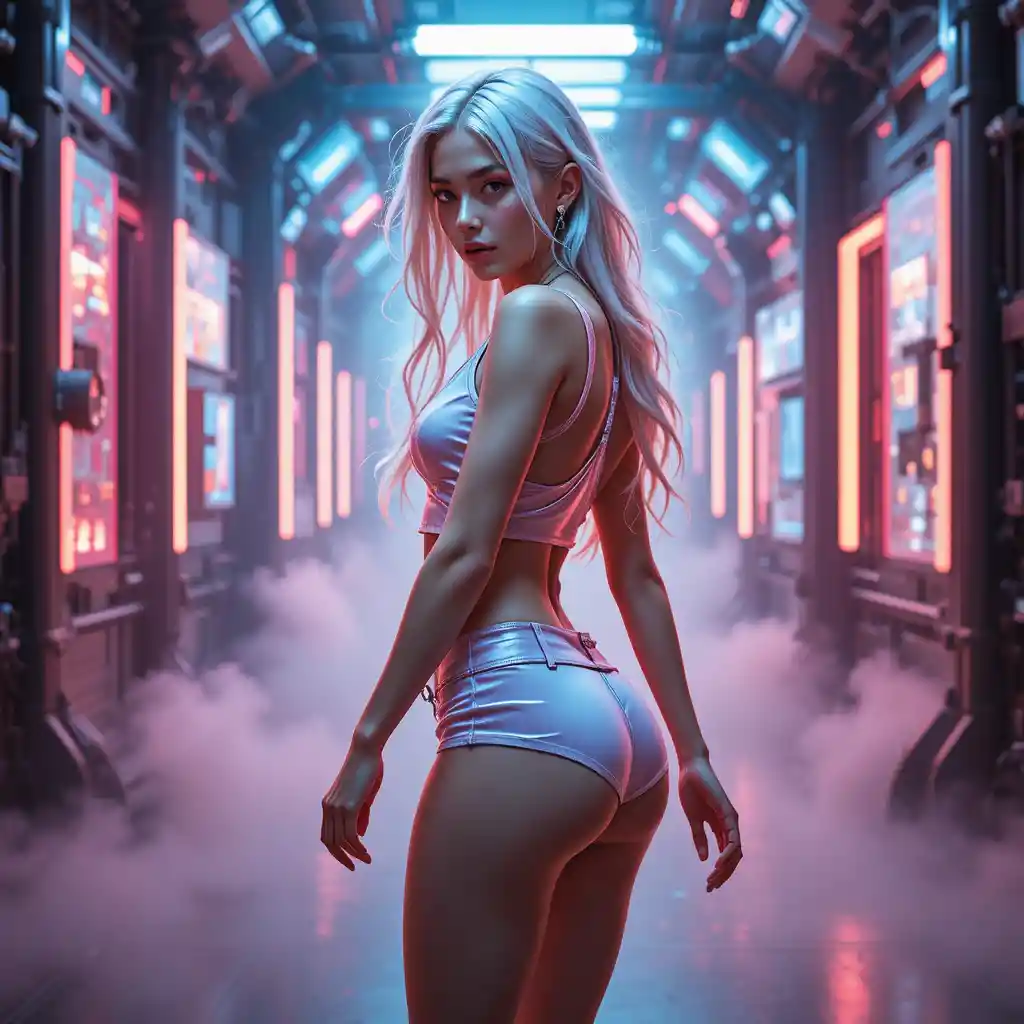 Confident woman striding through neon futuristic city