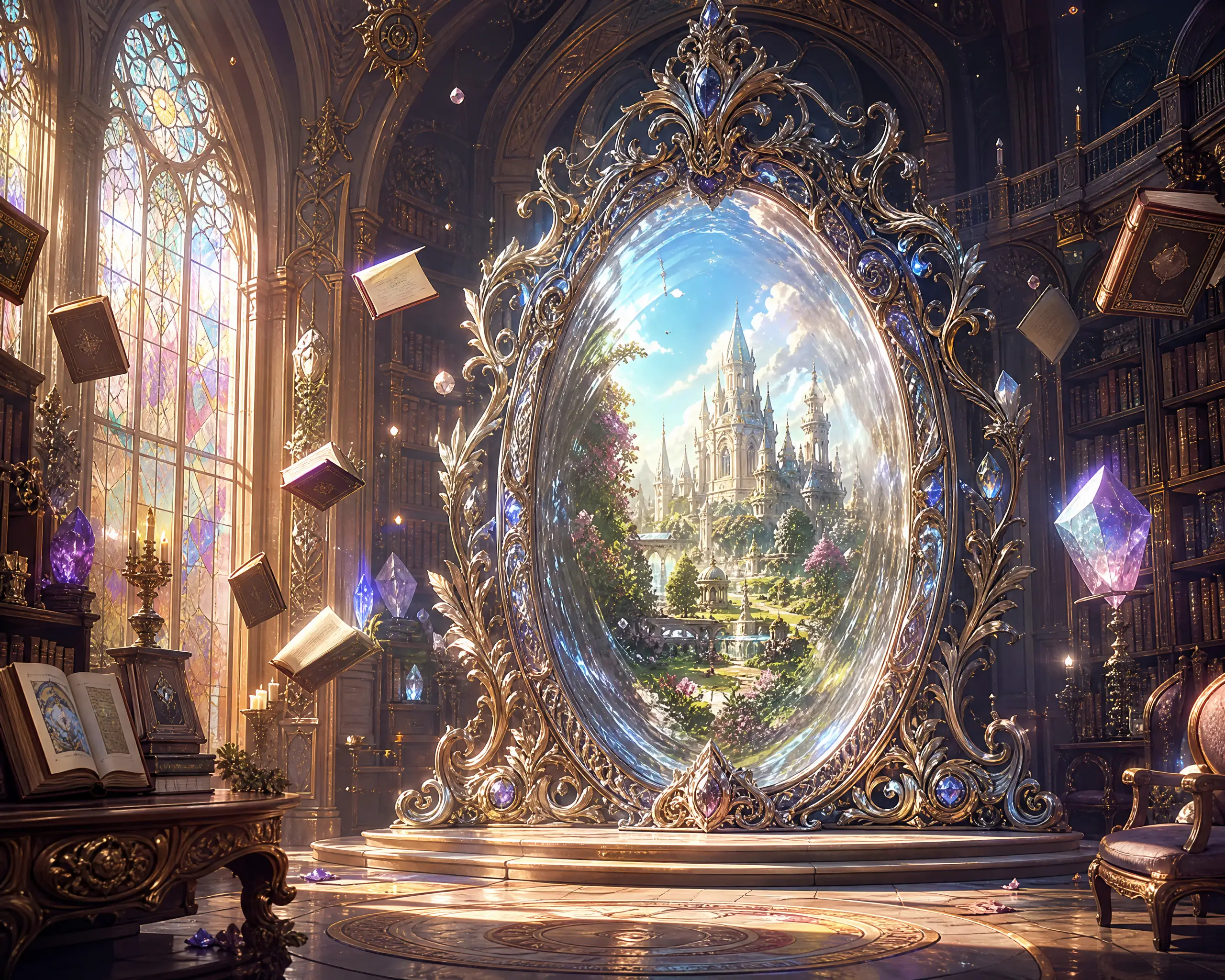Portale a specchio elfico ornato in un'antica biblioteca fantasy