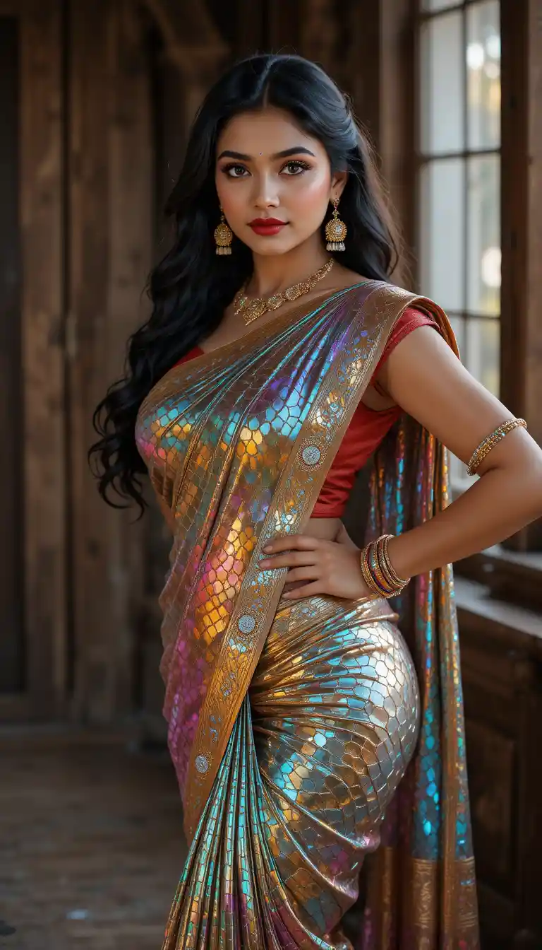 Tamil woman in glossy mirror saree with wedding jewelry